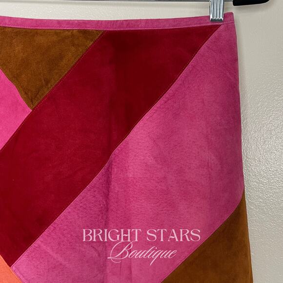 Rare Colorblock Suede Skirt ASO Phoebe Buffay Friends Pink Red Brown Patchwork - Picture 10 of 11